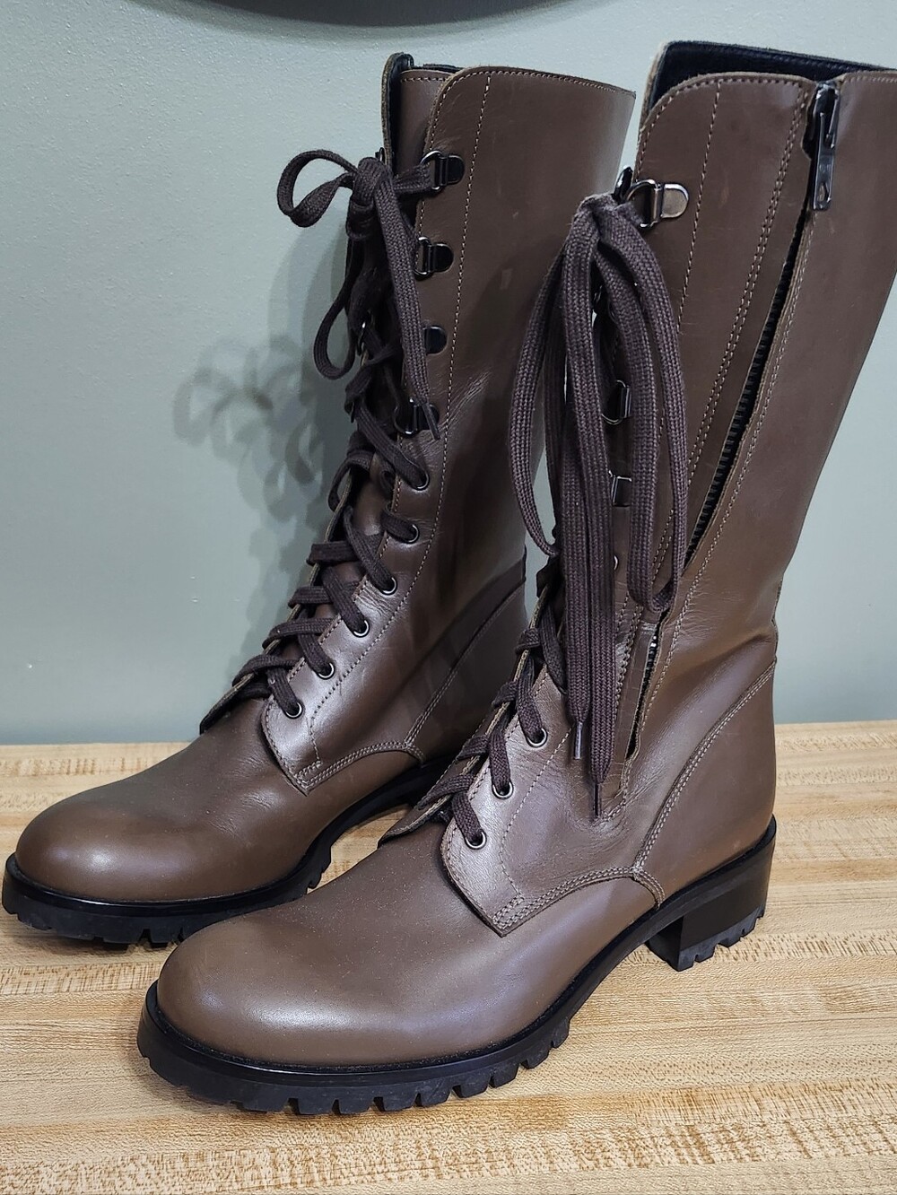 Barneys New York Tall Leather Combat Boots Women's EU 38.5 Brown Lace Up Lug